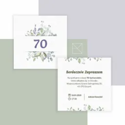 Dwa kwadratowe zaproszenia na 70. urodziny z motywem roślinnym, jedno prezentuje liczbę 70, drugie zawiera tekst z zaproszeniem i danymi adresowymi oraz datą wydarzenia.