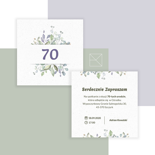 Dwa kwadratowe zaproszenia na 70. urodziny z motywem roślinnym, jedno prezentuje liczbę 70, drugie zawiera tekst z zaproszeniem i danymi adresowymi oraz datą wydarzenia.