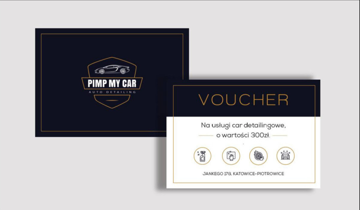 Elegancki voucher na usługi car detailingowe o wartości 300 zł, z logo firmy Pimp My Car Auto Detailing na ciemnogranatowym tle.