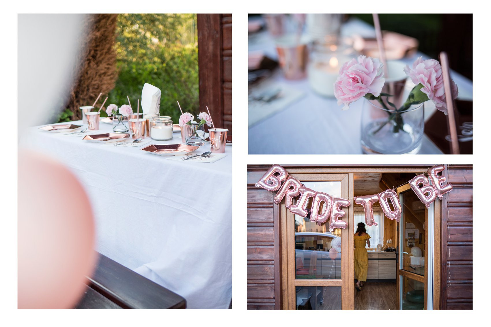 Dekoracja stołu na wieczór panieński w odcieniach różu i miedzi, z balonami 'Bride to be' zawieszonymi nad wejściem do domku.
