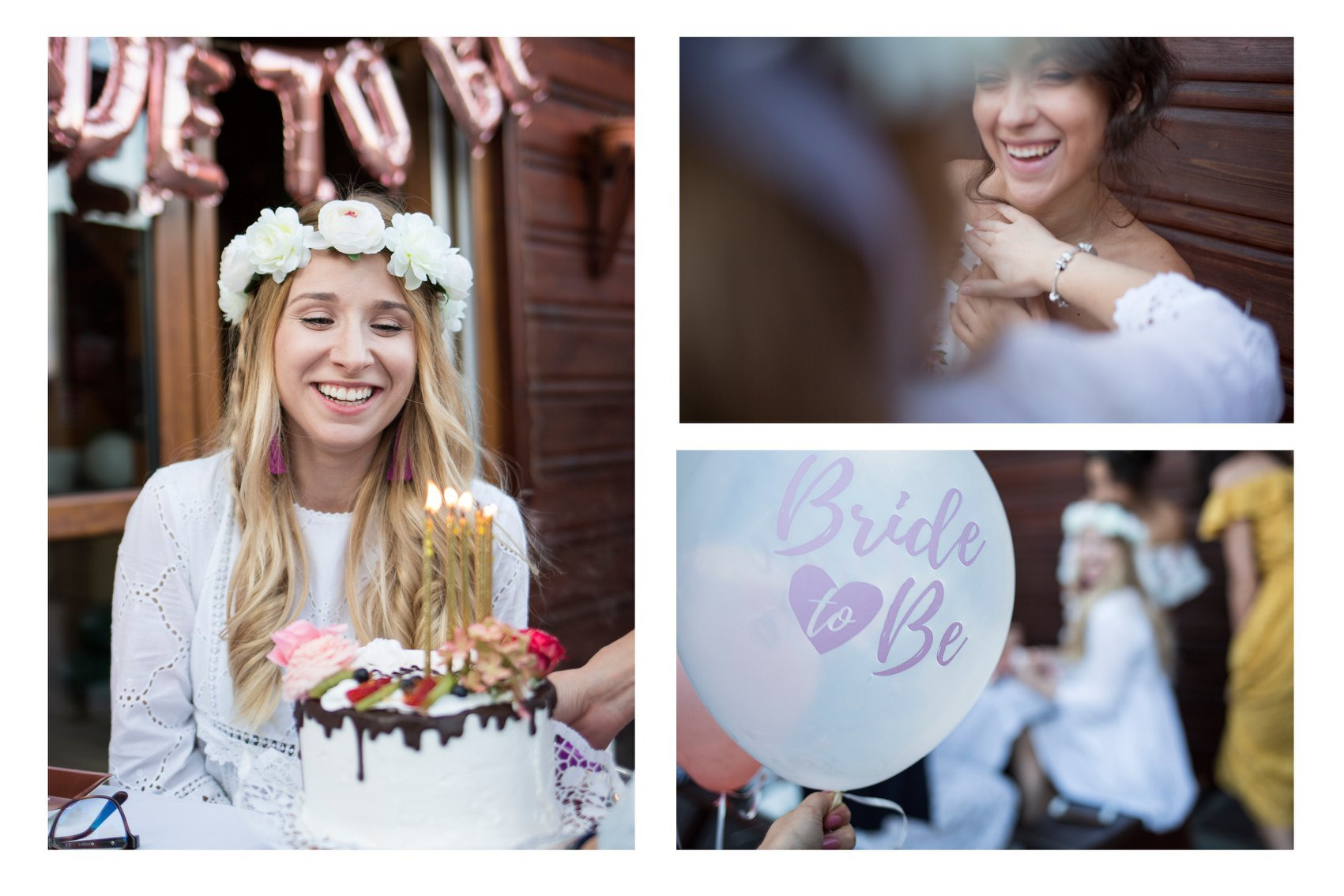Kolaż zdjęć z wieczoru panieńskiego: uśmiechnięta panna młoda w wianku z kwiatów z tortem ze świeczkami, zbliżenie uśmiechniętej kobiety i balon z napisem 'Bride to Be'.