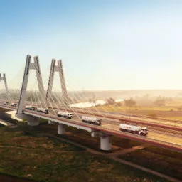 Cysterny z logo CMC przewożące olej napędowy lub opałowy jadą po moście w słoneczny poranek.