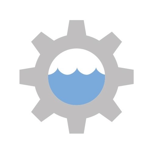 Szara zębatka z niebieską wodą w środku, symbolizująca usługi związane z metalem i wodą.