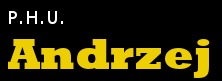 Logo firmy P.H.U. Andrzej na czarnym tle, z nazwą firmy zapisaną pogrubioną, żółtą czcionką.