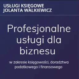 Grafika informacyjna z nazwą firmy 'Usługi Księgowe Jolanta Walkiewicz' oraz hasłem 'Profesjonalne usługi dla biznesu w zakresie księgowości, doradztwa podatkowego i finansowego'...