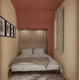 Kompaktowa sypialnia z łóżkiem w zabudowie, beżowa tapicerowana ściana, obrazy w czarnych ramkach, zasłona w oknie.