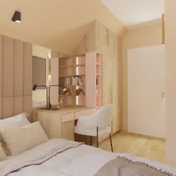 Jasna sypialnia z biurkiem i regałem w zabudowie, oświetlenie punktowe, beżowe panele tapicerowane za łóżkiem, dekoracje na biurku w postaci figurek.