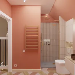Koralowa łazienka z grzejnikiem drabinkowym, prysznicem walk-in wykończonym pionowymi płytkami i wzorzystą podłogą w jodełkę.