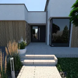 Nowoczesny dom z elewacją w pionowe panele, schody z jasnego kamienia, trawa i kwiaty w donicy. Minimalistyczny ogród z oświetleniem. Detal projektu.