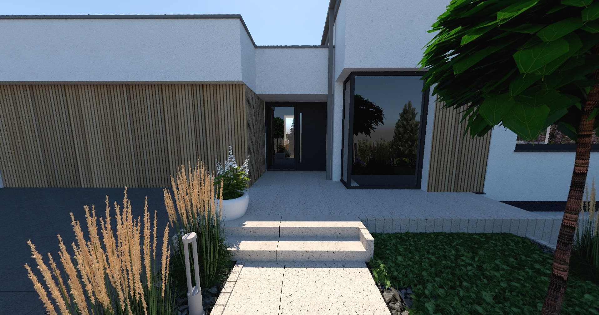 Nowoczesny dom z elewacją w pionowe panele, schody z jasnego kamienia, trawa i kwiaty w donicy. Minimalistyczny ogród z oświetleniem. Detal projektu.