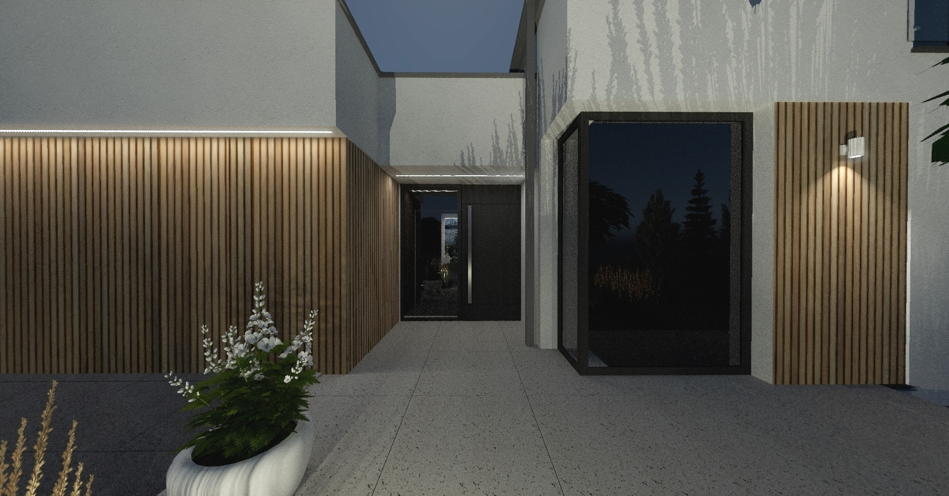 Nowoczesna elewacja domu z drewnianą okładziną, oświetleniem LED i minimalistycznym ogrodem z białymi kwiatami w donicy. Widok na wejście i duże okno.
