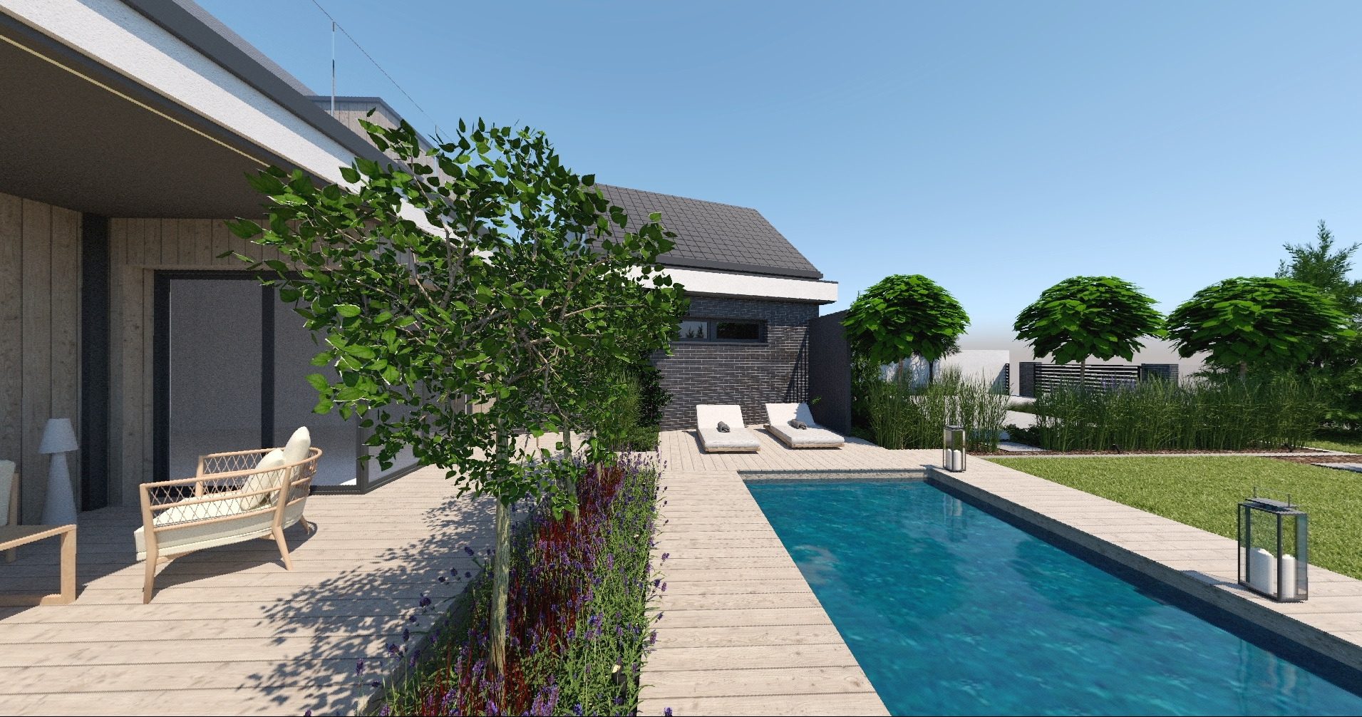 Wizualizacja nowoczesnego ogrodu z basenem, leżakami i drewnianym tarasem. Bujna roślinność, zadbany trawnik i minimalistyczne oświetlenie tworzą relaksującą przestrzeń.