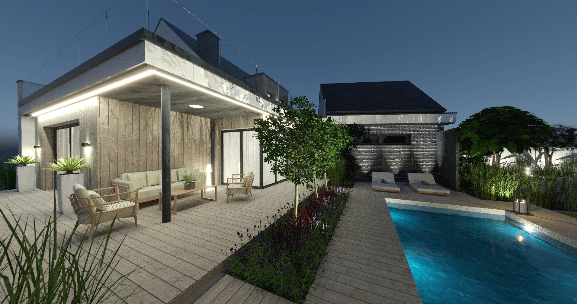 Wizualizacja nowoczesnego domu z tarasem, basenem i zielenią. Oświetlenie LED podkreśla architekturę budynku i detale ogrodu. Ujęcie nocne.