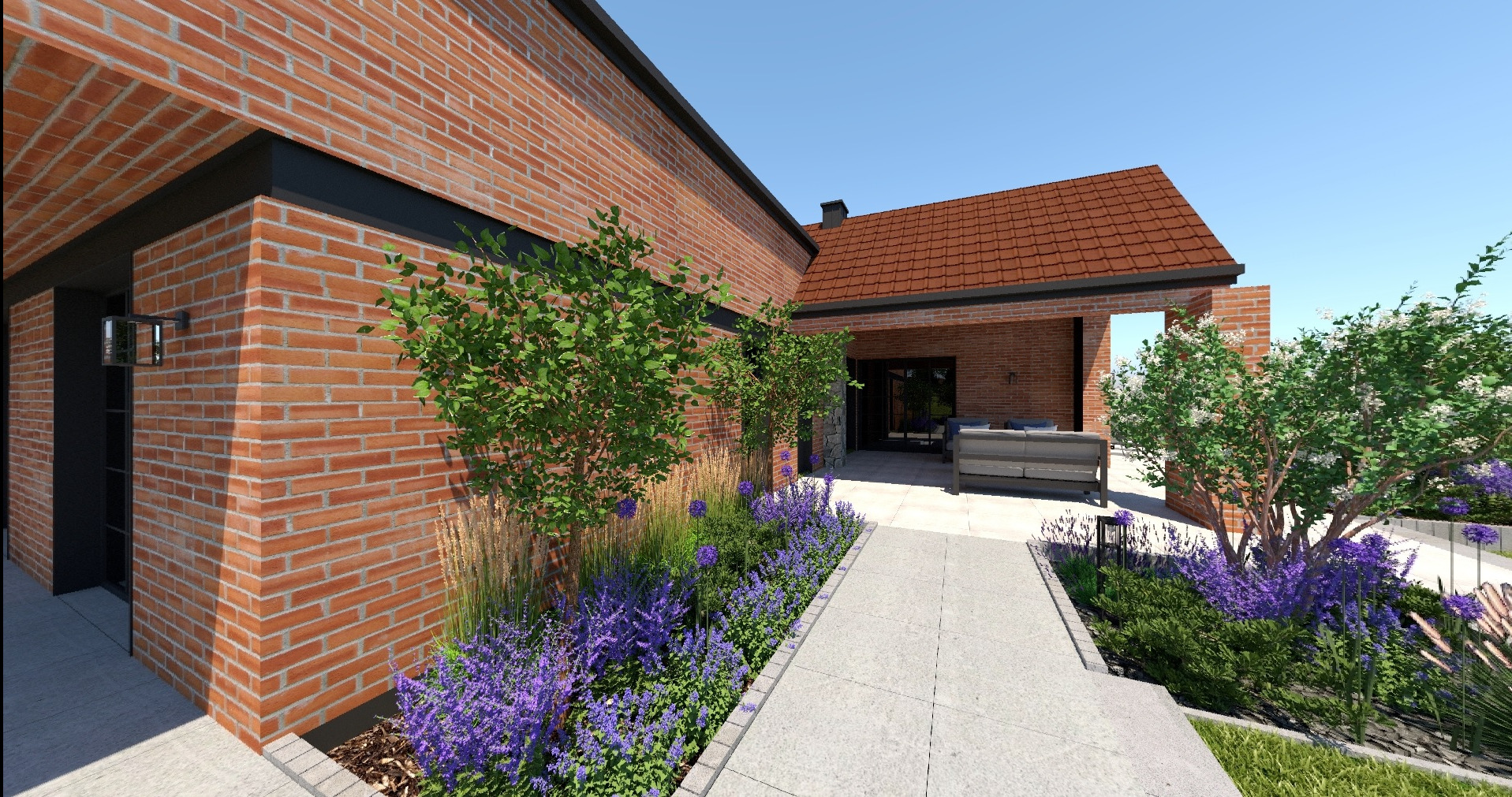 Projekt ogrodu z kwitnącymi lawendami, trawami ozdobnymi i ścieżką z jasnych płyt. Czerwona cegła elewacji budynku w tle. Nowoczesny styl z elementami rustykalnymi.