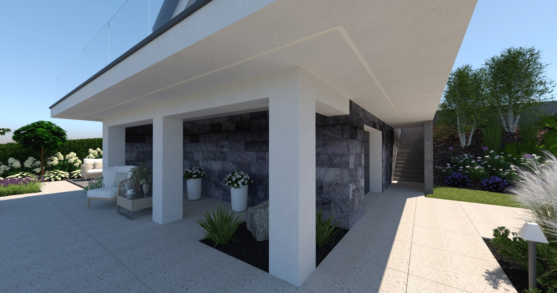 Wizualizacja tarasu z pergolą, białymi kolumnami i kamienną ścianą. W tle ogród z białymi kwiatami i dekoracyjnymi trawami. Nowoczesny design z dbałością o detale.
