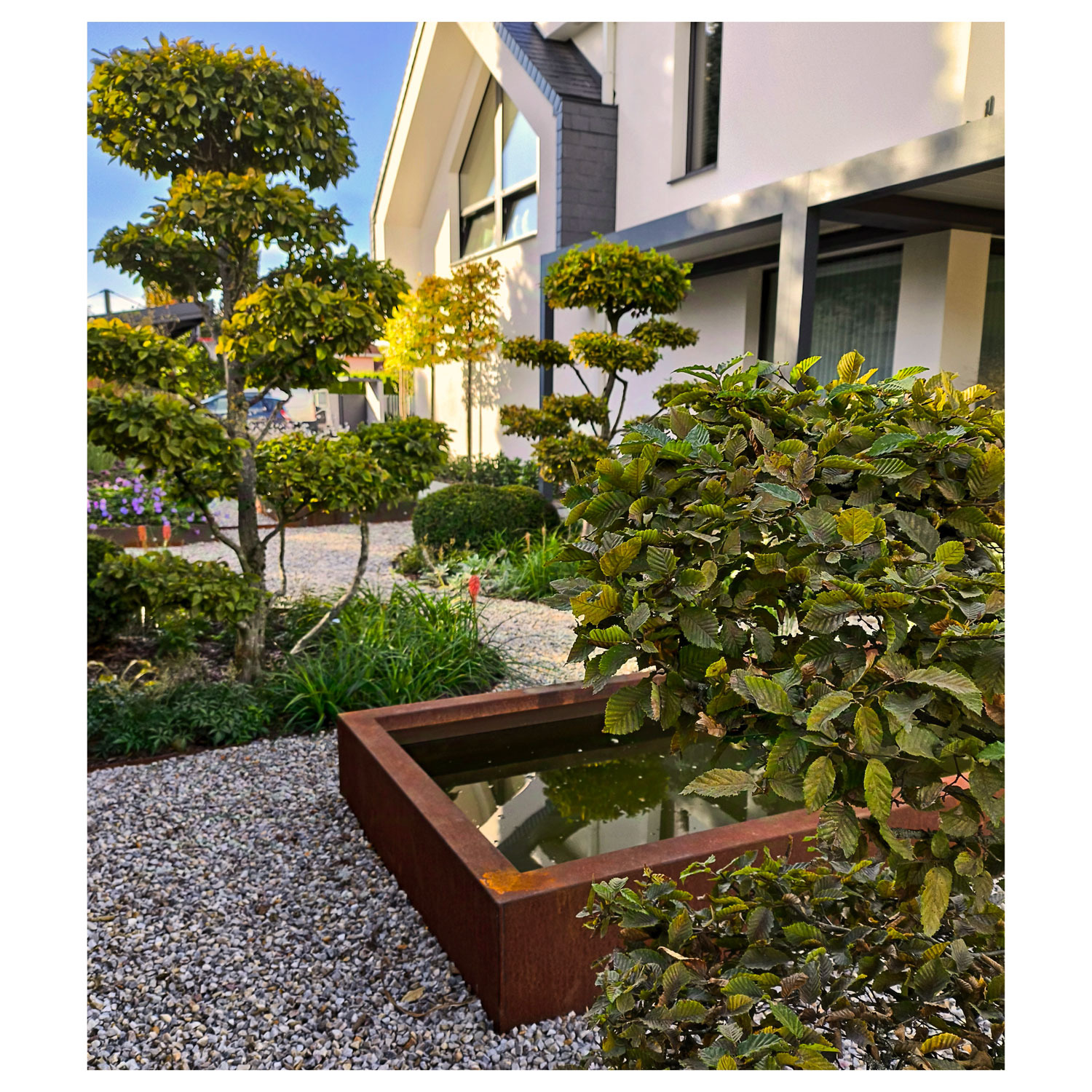 Nowoczesny ogród z formowanymi drzewami, żwirową ścieżką i rdzawym, metalowym oczkiem wodnym na tle białego domu z elementami szarości.