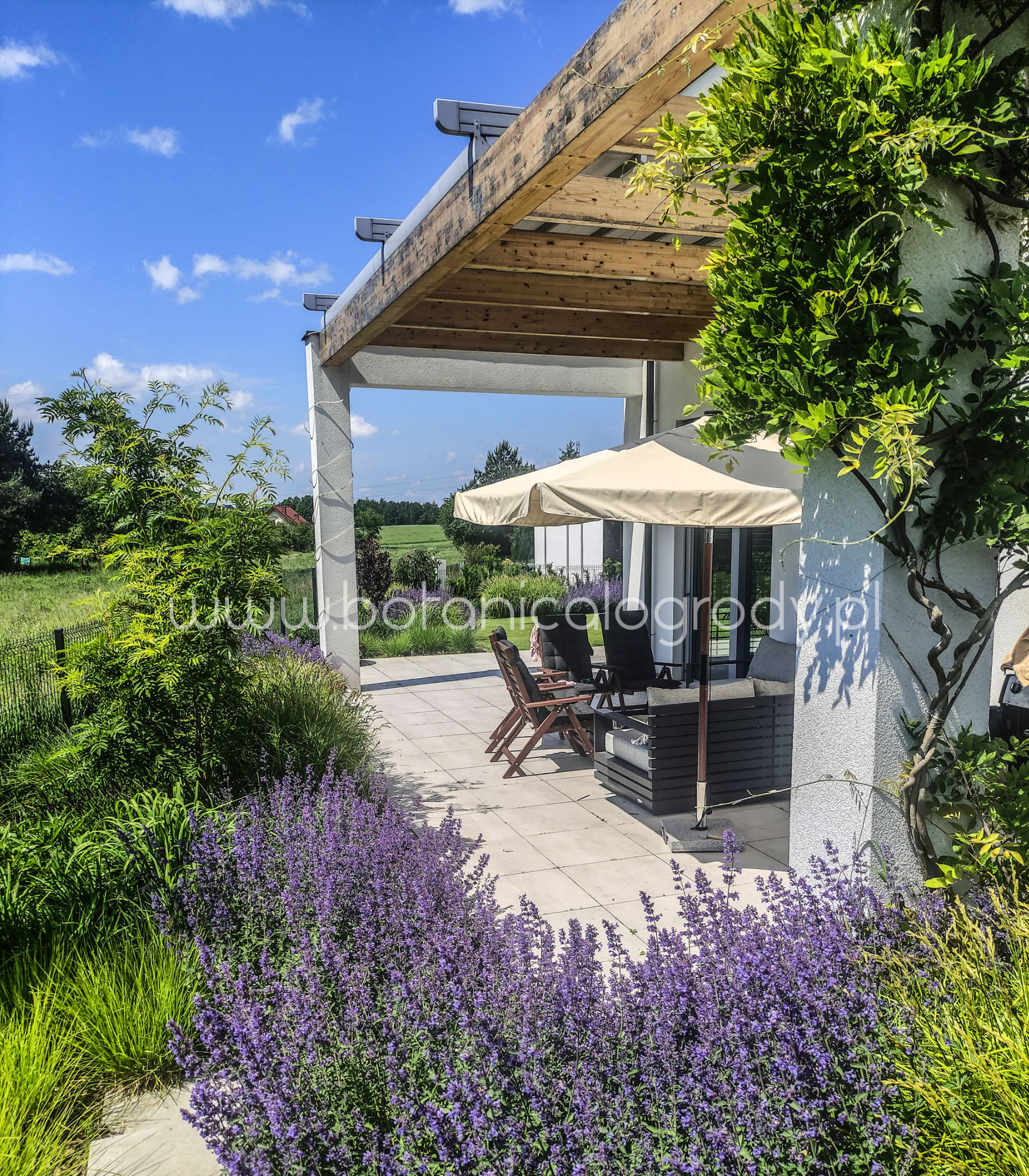 Urokliwy ogród z tarasem i pergolą w Lublinie. Fioletowe kwiaty lawendy na pierwszym planie, w tle meble ogrodowe i parasol.