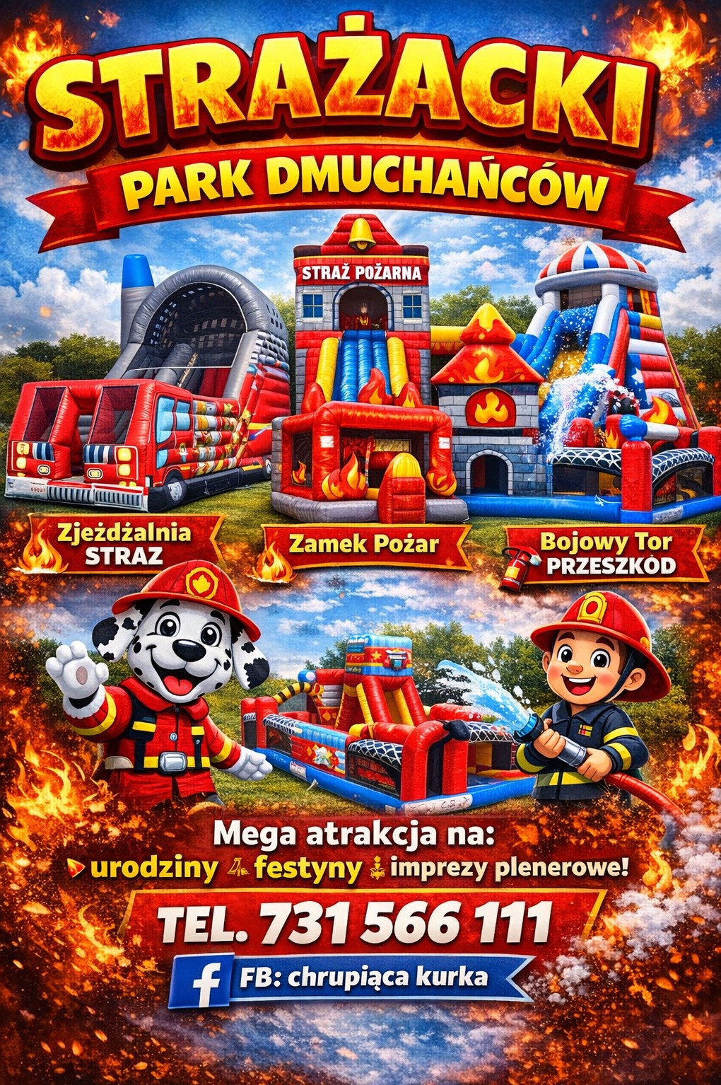 Plakat reklamowy parku dmuchańców o tematyce strażackiej z atrakcjami: zjeżdżalnia, zamek pożarowy, tor przeszkód. Maskotki strażackie i kontakt telefoniczny.