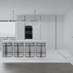 Minimalistyczna kuchnia w bieli z marmurową podłogą i wyspą. Cztery krzesła barowe z czarną ramą. Nad wyspą oryginalna lampa. Nowoczesny design.