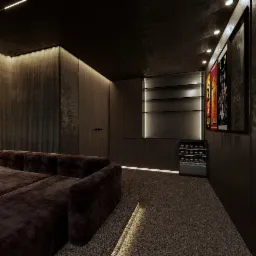 Nowoczesny salon kinowy z ciemnobrązową sofą, plakatami filmowymi i subtelnym oświetleniem LED. Minimalistyczny design, eleganckie wykończenie ścian i podłóg.