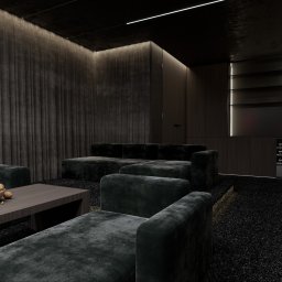 STUDIO KM architektura wnętrz Katarzyna Michoń-Kotas - Eleganckie, ciemne wnętrze pokoju z welurową sofą modułową, drewnianym stolikiem z orzechami i podświetlanymi półkami. Minimalistyczny design z akcentami światła.