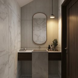 STUDIO KM architektura wnętrz Katarzyna Michoń-Kotas - Nowoczesna łazienka z umywalką w formie monolitu, lustrem w złotej ramie i pionowymi panelami ściennymi. Minimalistyczny design z akcentami roślinnymi i ciepłym oświetleniem.