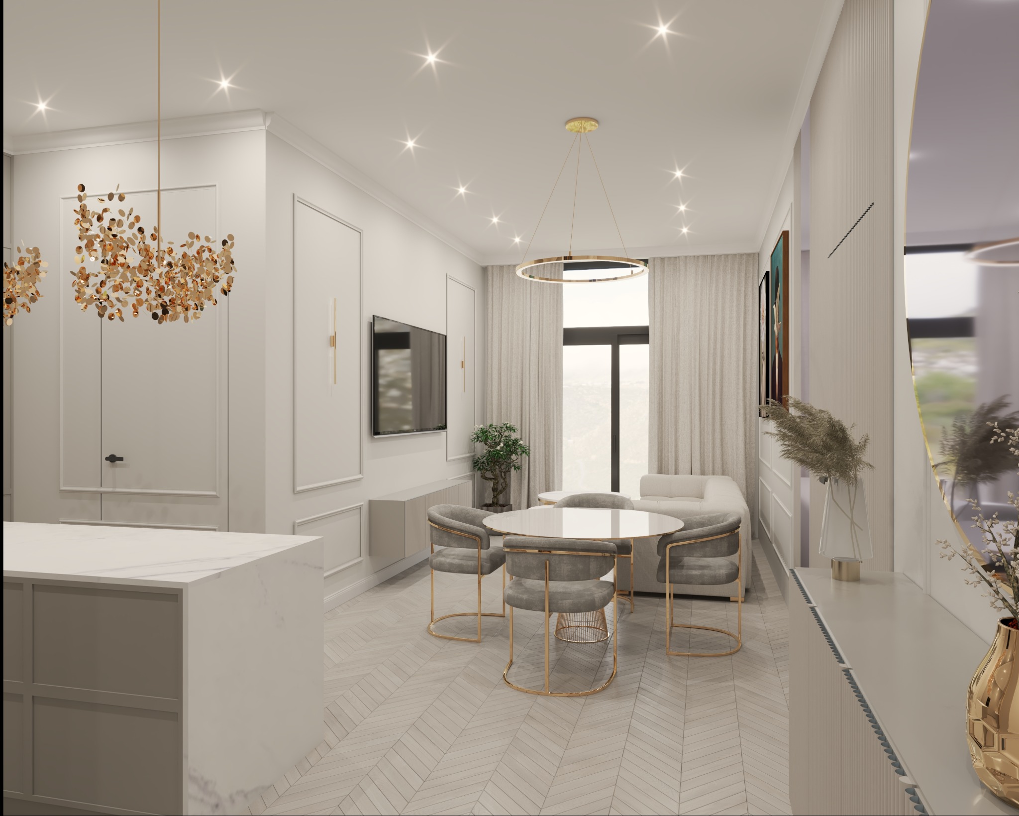 Eleganckie wnętrze: białe ściany z dekoracyjnymi listwami, okrągły stół z krzesłami, sofa, oświetlenie punktowe i wiszące lampy. Parkiet ułożony w jodełkę.