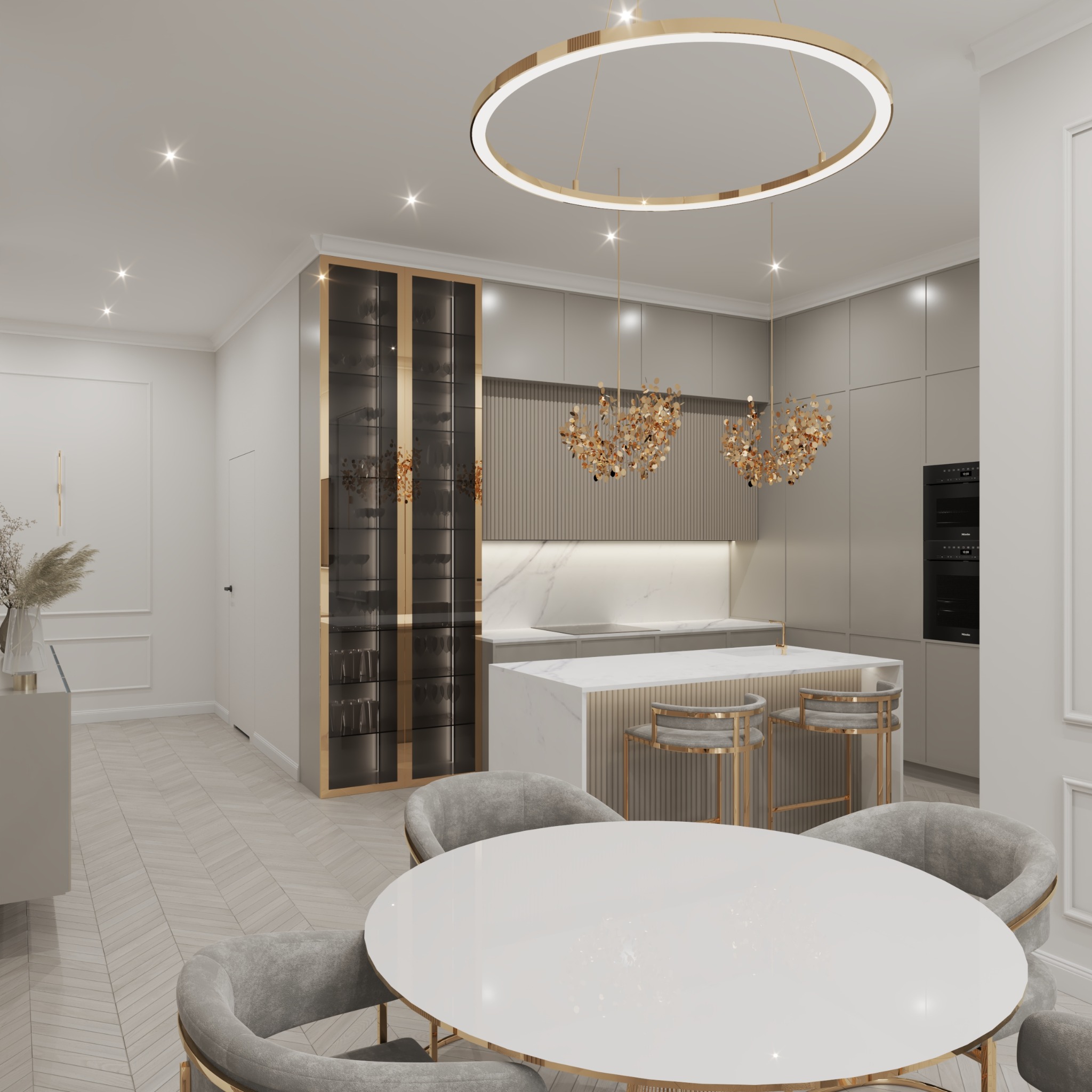 Elegancka aranżacja wnętrza: szara kuchnia z wyspą, okrągły stół z krzesłami i złote akcenty oświetleniowe. Nowoczesny design z dbałością o detale i funkcjonalność.