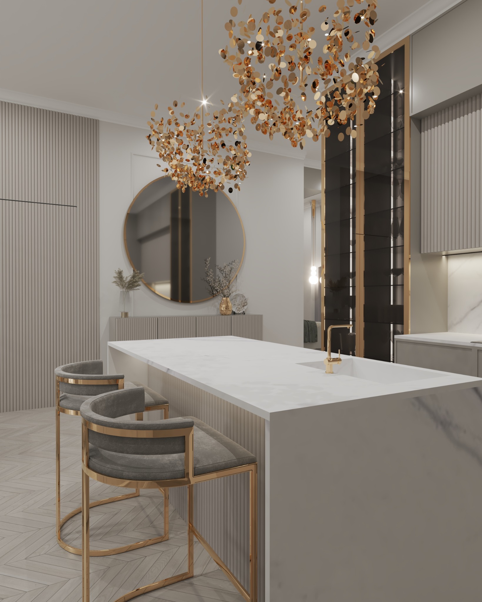 Elegancka kuchnia z wyspą: marmurowy blat, złote krzesła barowe, dekoracyjny żyrandol i okrągłe lustro. Subtelne oświetlenie i neutralna kolorystyka.