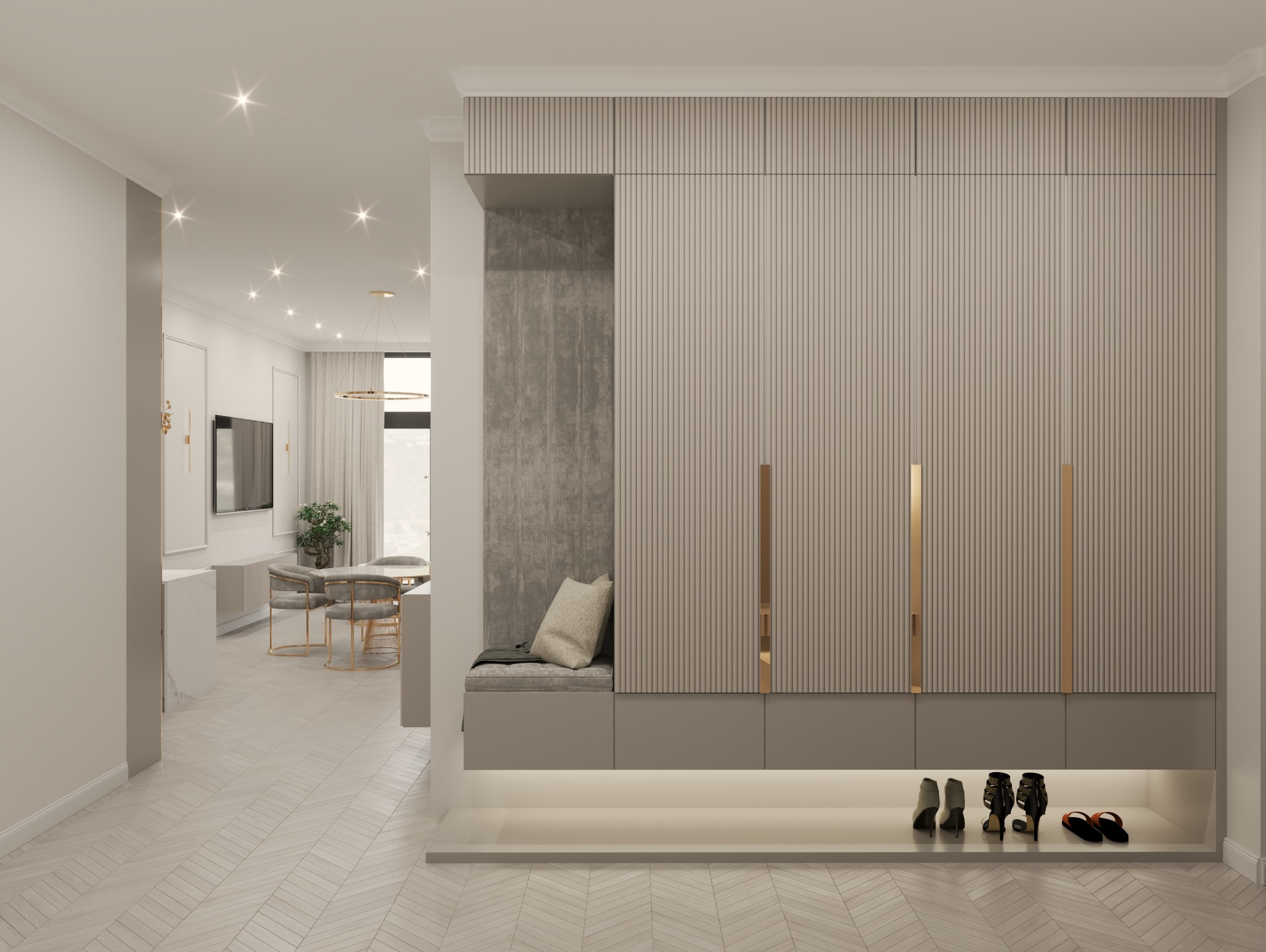 Nowoczesny przedpokój z siedziskiem i szafą w zabudowie, oświetlenie LED, parkiet w jodełkę, widok na salon z jadalnią. Stonowana kolorystyka, minimalistyczny design.