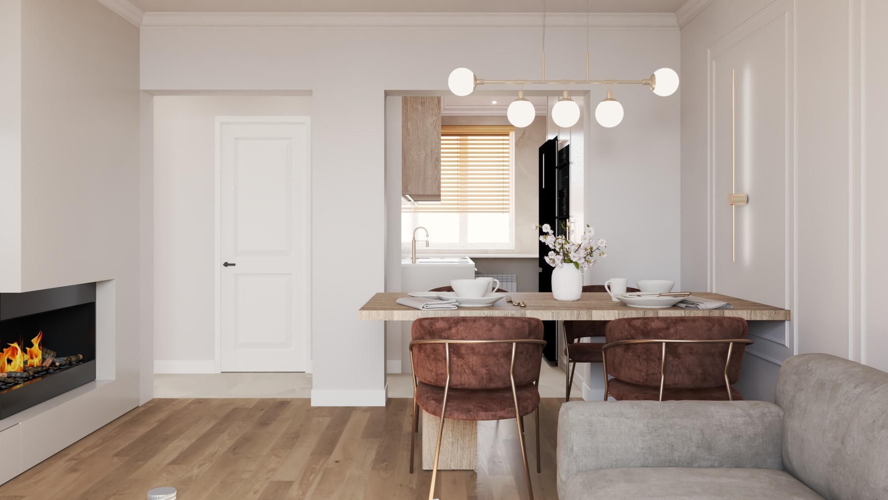 Jasne wnętrze jadalni z kominkiem: stół z nakryciem, krzesła z brązowym obiciem i widok na kuchnię w tle. Całość dopełnia nowoczesne oświetlenie.