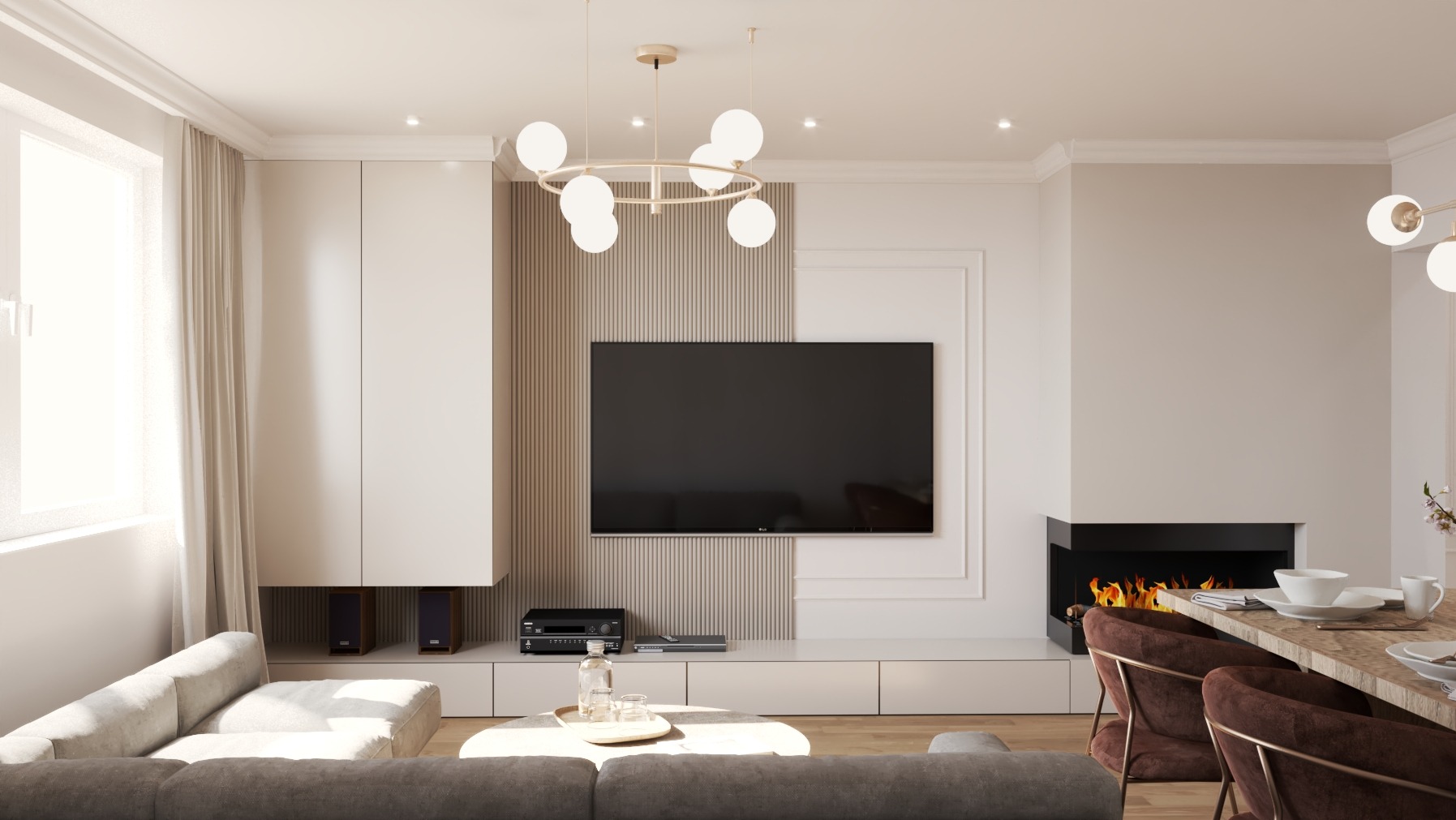 Nowoczesny salon z kominkiem i TV w Kochcicach. Minimalistyczny design, stonowana kolorystyka, elegancka lampa i subtelne detale tworzą przytulną atmosferę.