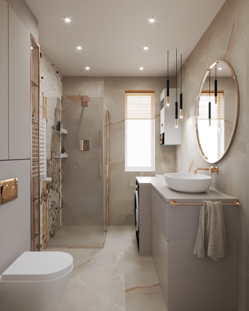 Jasna łazienka z kabiną prysznicową typu walk-in, owalnym lustrem w złotej ramie i podwieszaną toaletą. Marmurowe płytki na ścianach i podłodze.