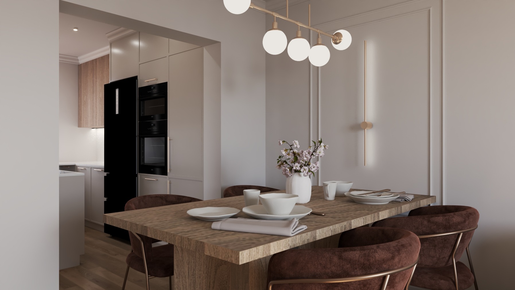 Nowoczesna jadalnia z drewnianym stołem, krzesłami w odcieniach brązu i minimalistycznym oświetleniem. W tle zabudowa kuchenna z czarną lodówką i piekarnikiem.