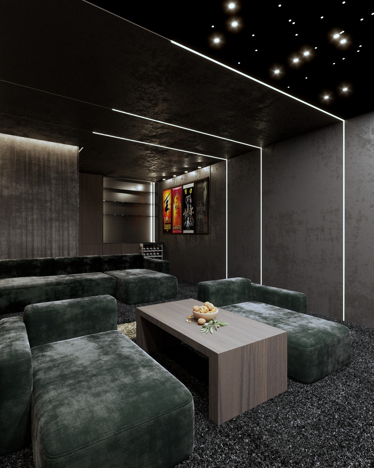 Nowoczesne kino domowe: ciemne ściany, oświetlenie LED, pluszowe sofy, stolik z przekąskami i plakaty filmowe. Luksus i komfort w jednym.