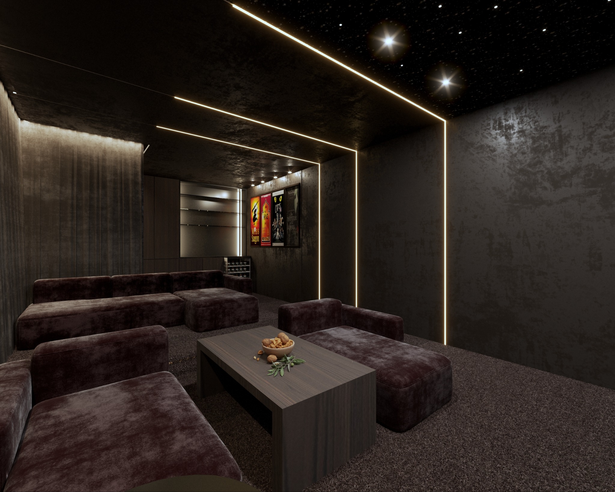Nowoczesne kino domowe: ciemne ściany, oświetlenie LED, pluszowe sofy i stolik z przekąskami. Plakaty filmowe dopełniają aranżację.