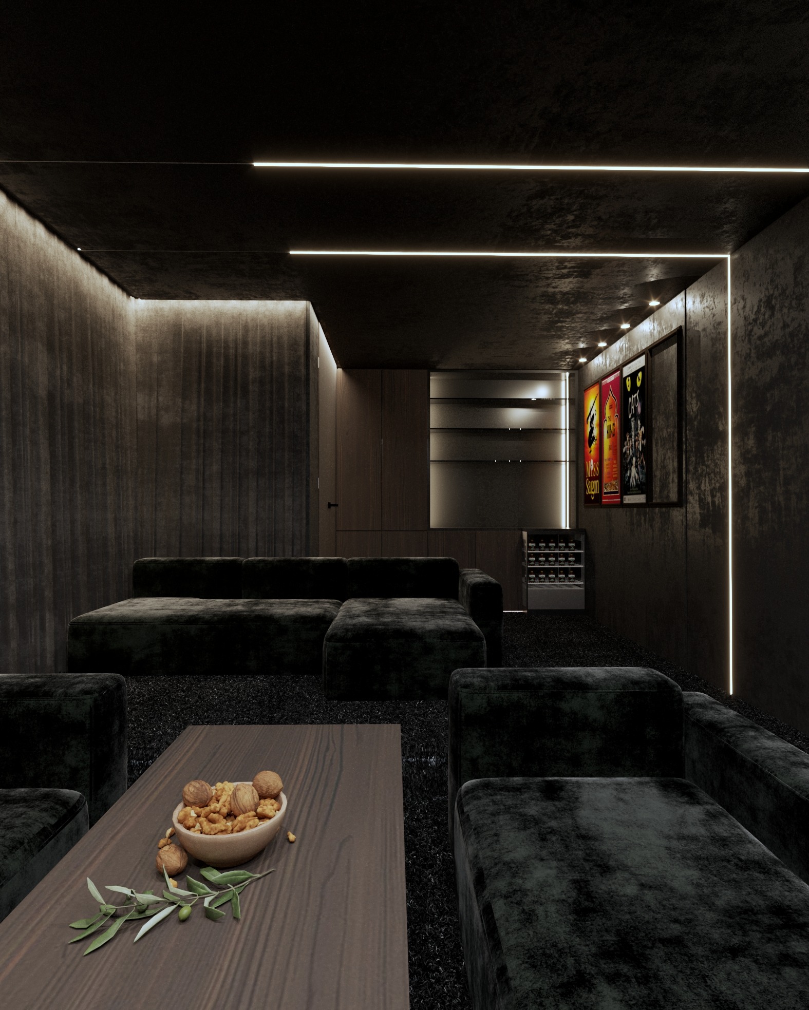 Nowoczesne wnętrze pokoju kinowego z ciemnymi meblami, drewnianym stolikiem z przekąskami i nastrojowym oświetleniem LED. Na ścianie plakaty filmowe.