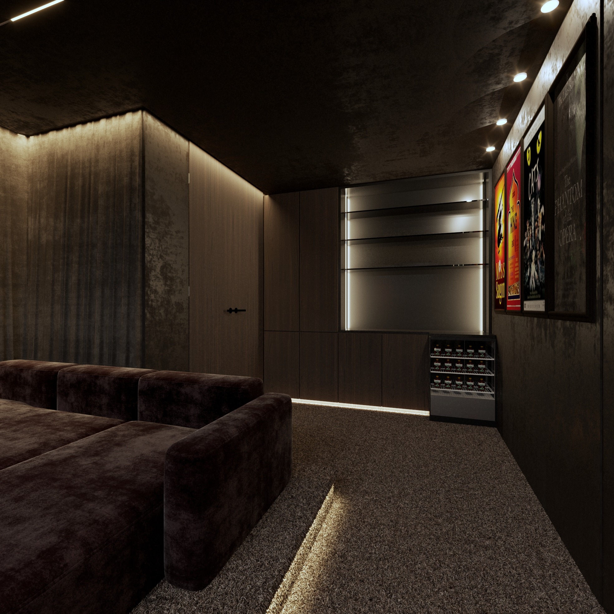 Nowoczesny salon kinowy z ciemnobrązową sofą, plakatami filmowymi i subtelnym oświetleniem LED. Minimalistyczny design, eleganckie wykończenie ścian i podłóg.