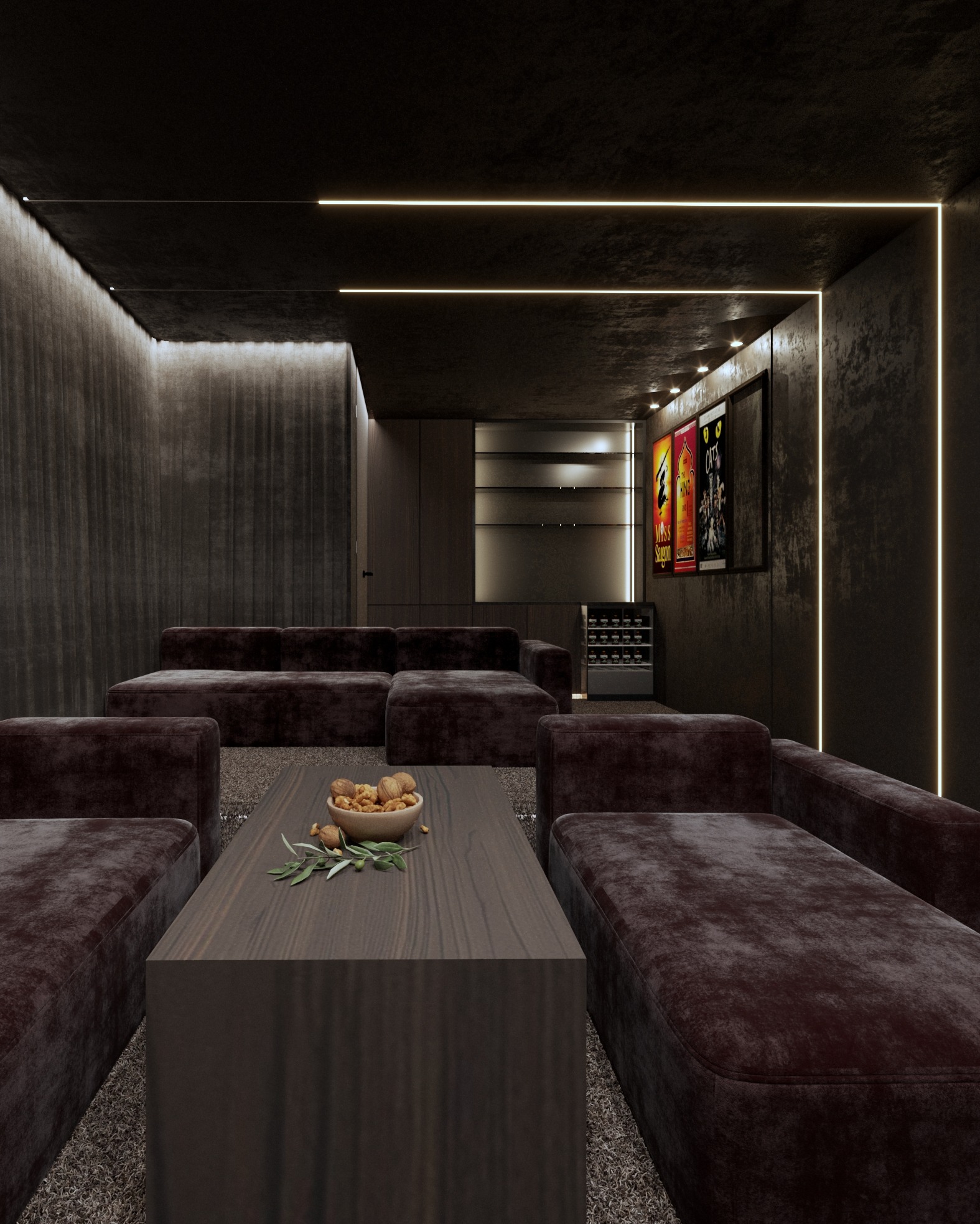 Kino domowe w ciemnych barwach z sofami z bordowego weluru, drewnianym stolikiem z przekąskami i plakatami filmowymi na ścianie. Oświetlenie LED podkreśla surowy charakter wnętrza.