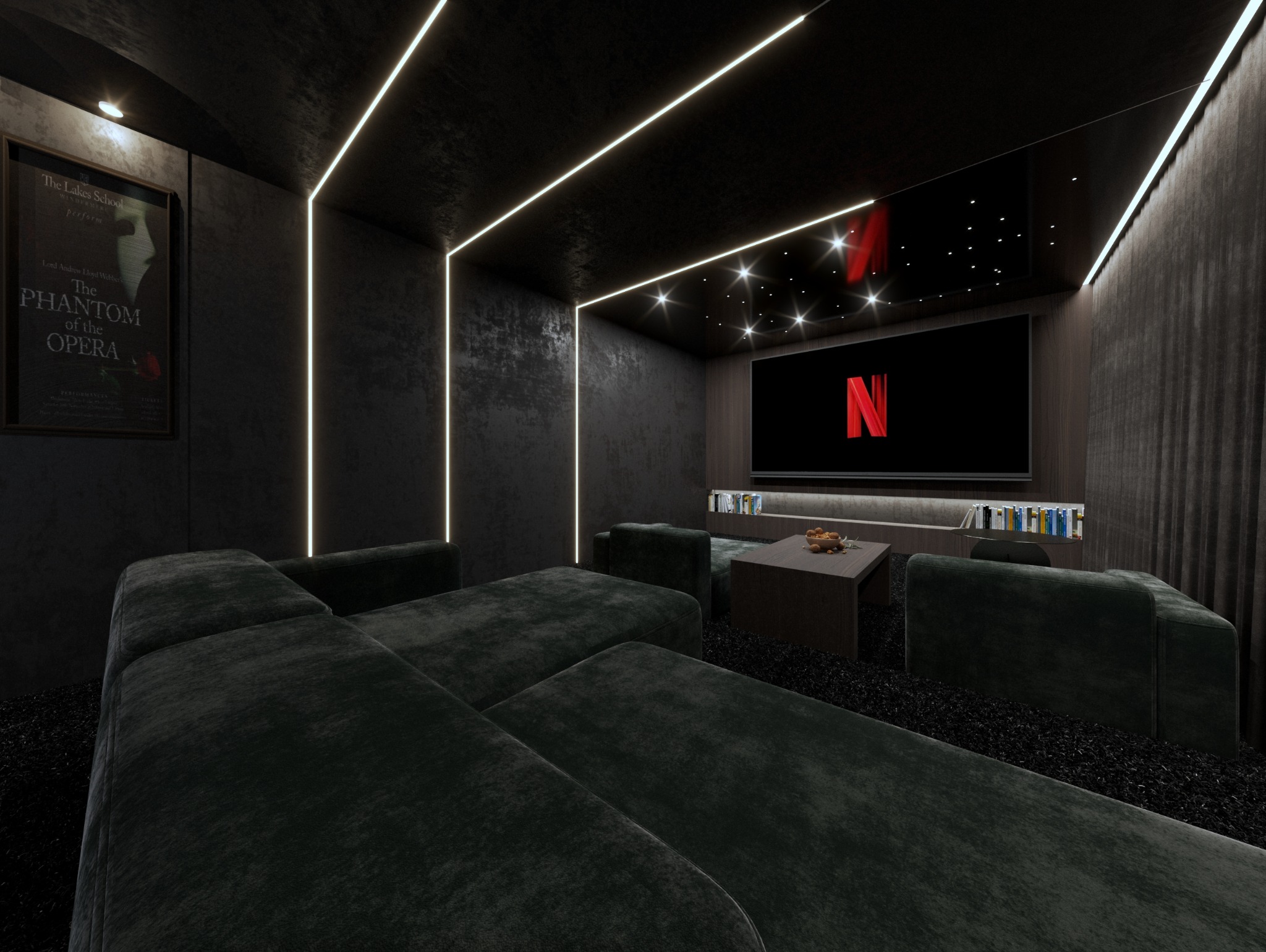 Eleganckie kino domowe w ciemnej tonacji z oświetleniem LED i plakatem 'Phantom of the Opera'. Wygodna sofa i gwiazdy na suficie tworzą klimat.