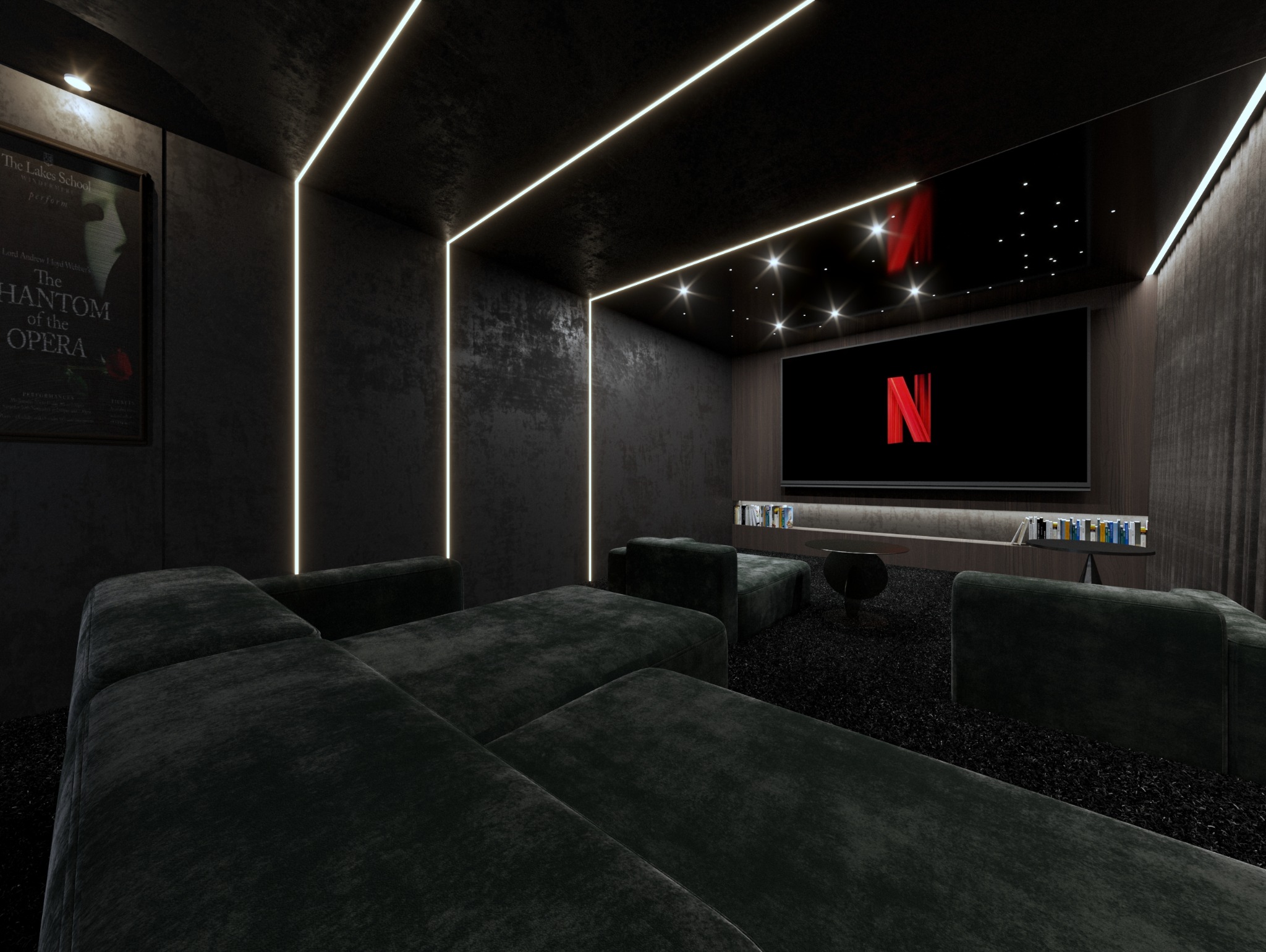 Nowoczesne kino domowe w ciemnych barwach z oświetleniem LED. Duży narożnik, plakat 'Upiór w Operze' i telewizor z logo Netflix. Projekt wnętrza, realizacja.