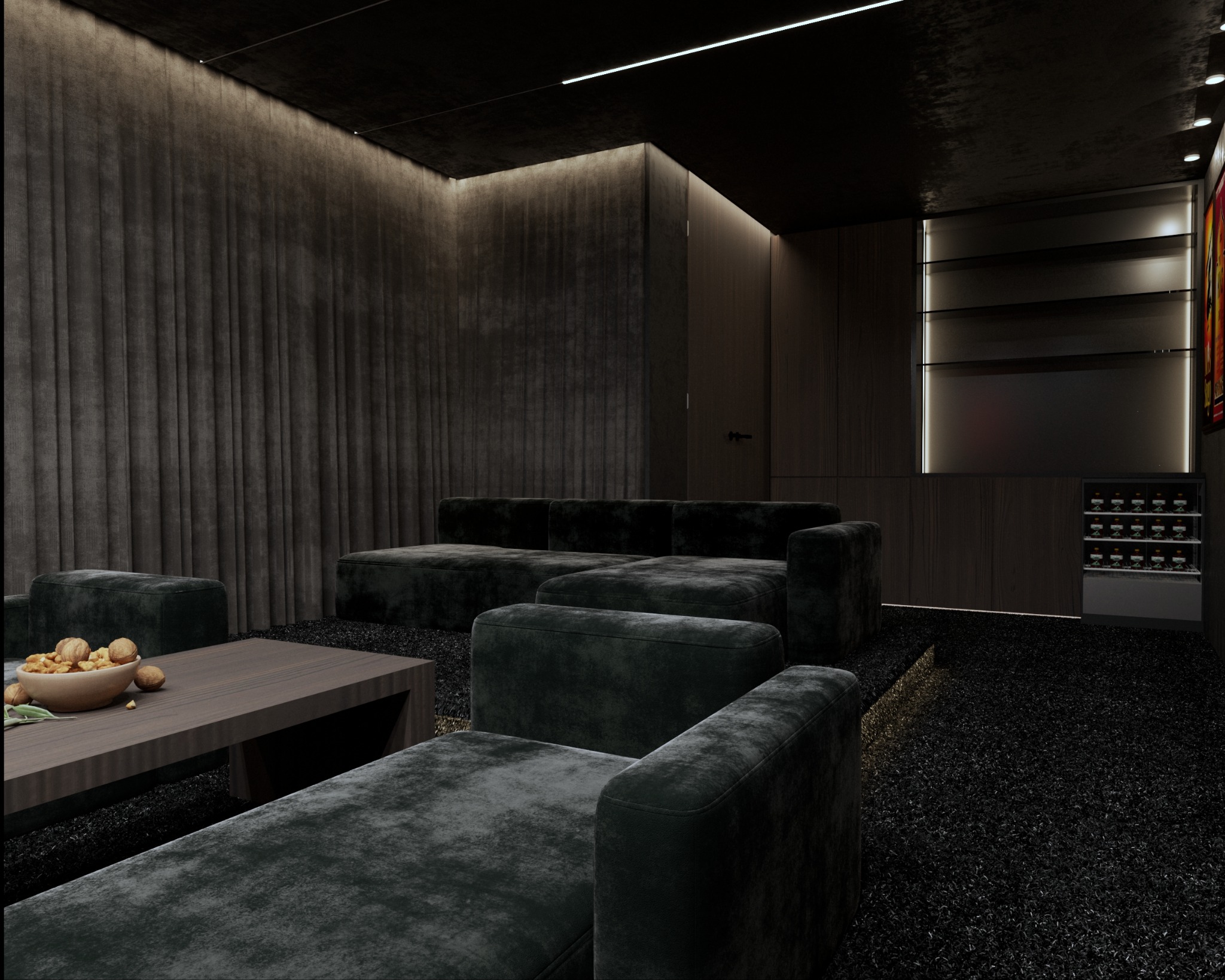 Eleganckie, ciemne wnętrze pokoju z welurową sofą modułową, drewnianym stolikiem z orzechami i podświetlanymi półkami. Minimalistyczny design z akcentami światła.