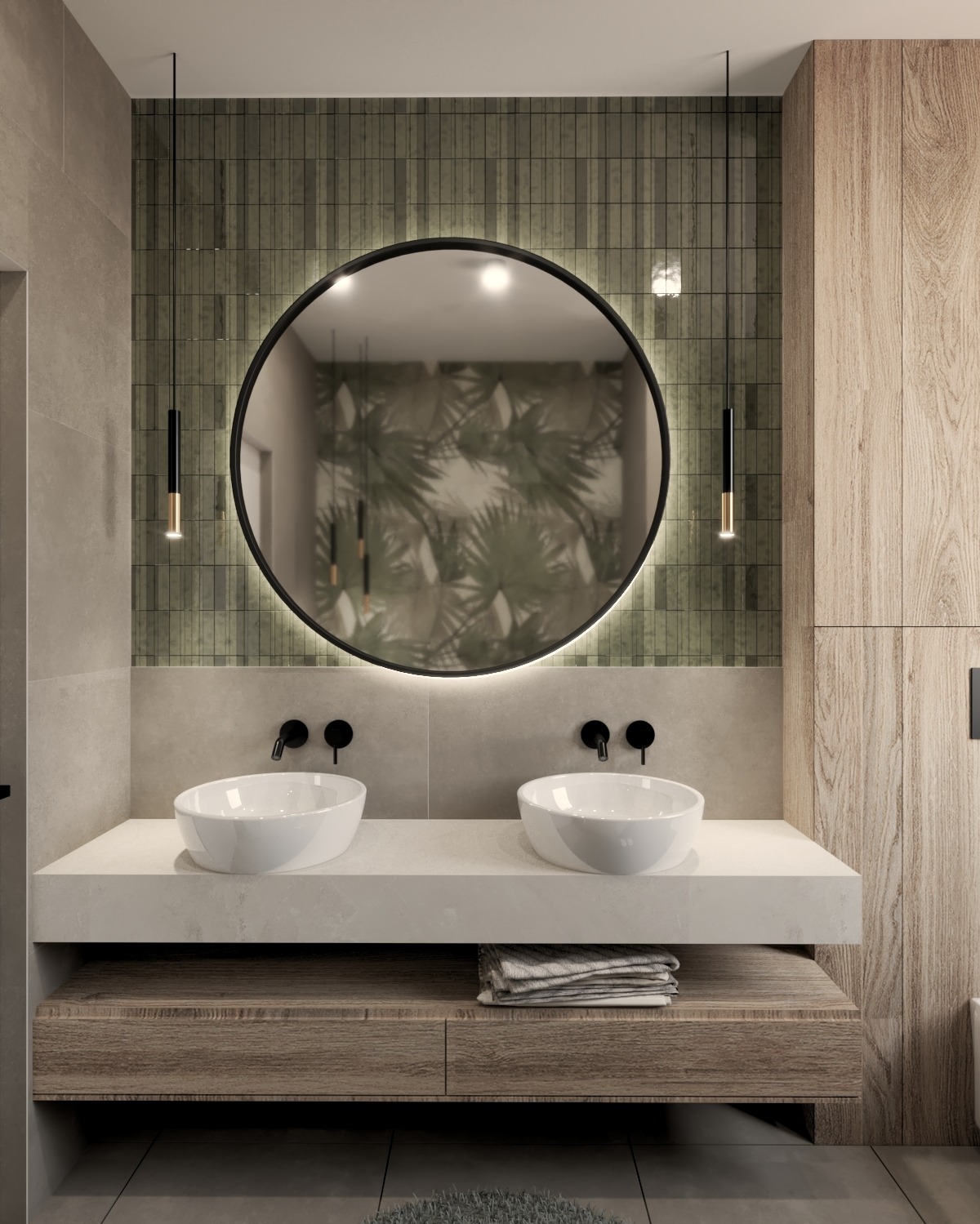 Nowoczesna łazienka z okrągłym lustrem podświetlanym LED, dwoma umywalkami nablatowymi i drewnianą szafką pod umywalką. Na ścianie dekoracyjne płytki.
