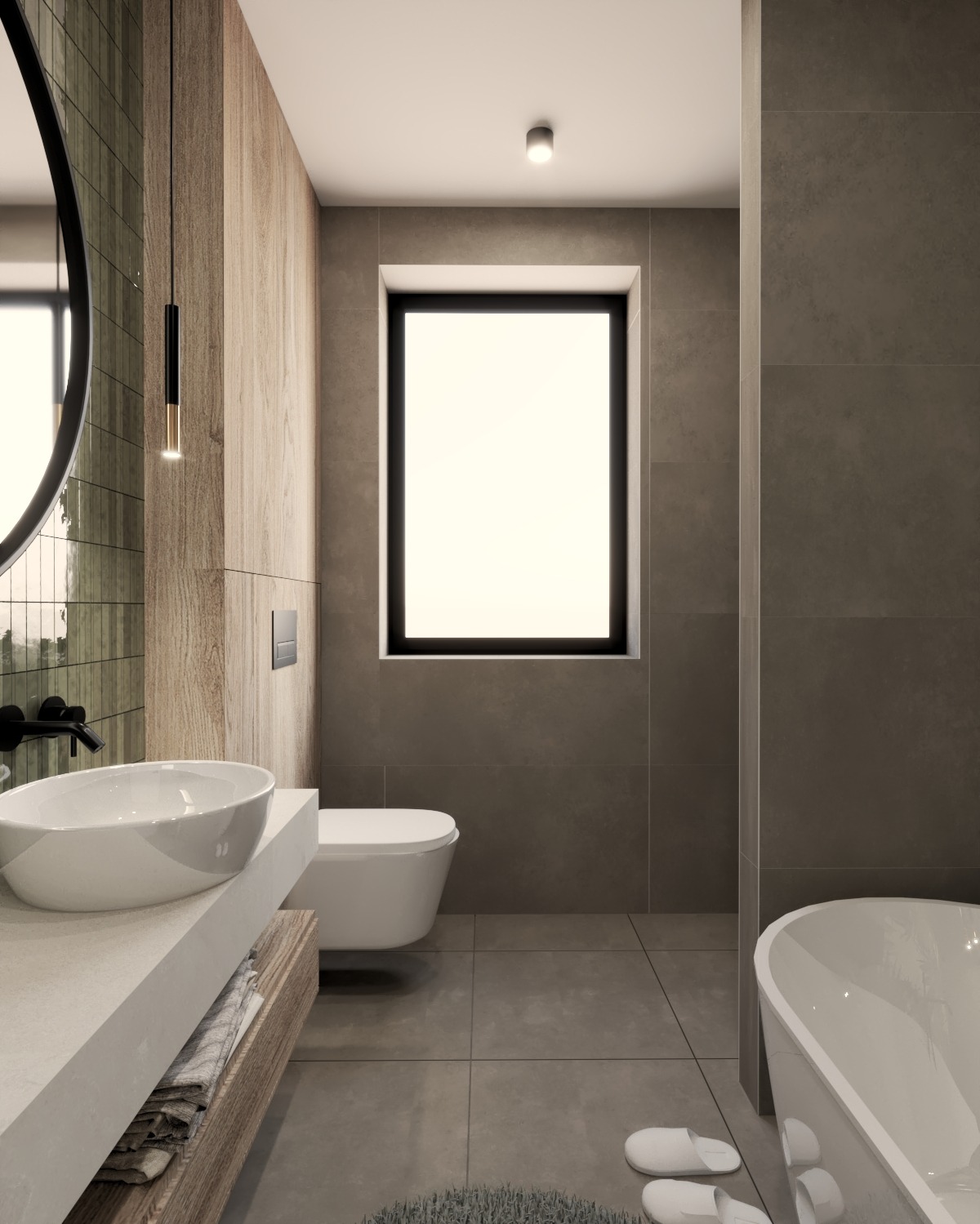 Nowoczesna łazienka z owalnym lustrem, drewnianą ścianą, białymi sanitariatami i szarymi płytkami. Minimalistyczny design z subtelnym oświetleniem.