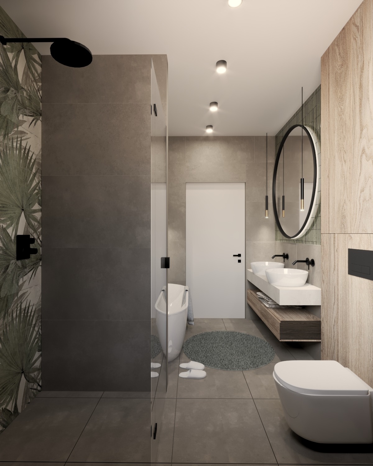 Nowoczesna łazienka z kabiną prysznicową typu walk-in, owalnym lustrem z podświetleniem i wolnostojącą wanną. Minimalistyczny design z akcentami roślinnymi.