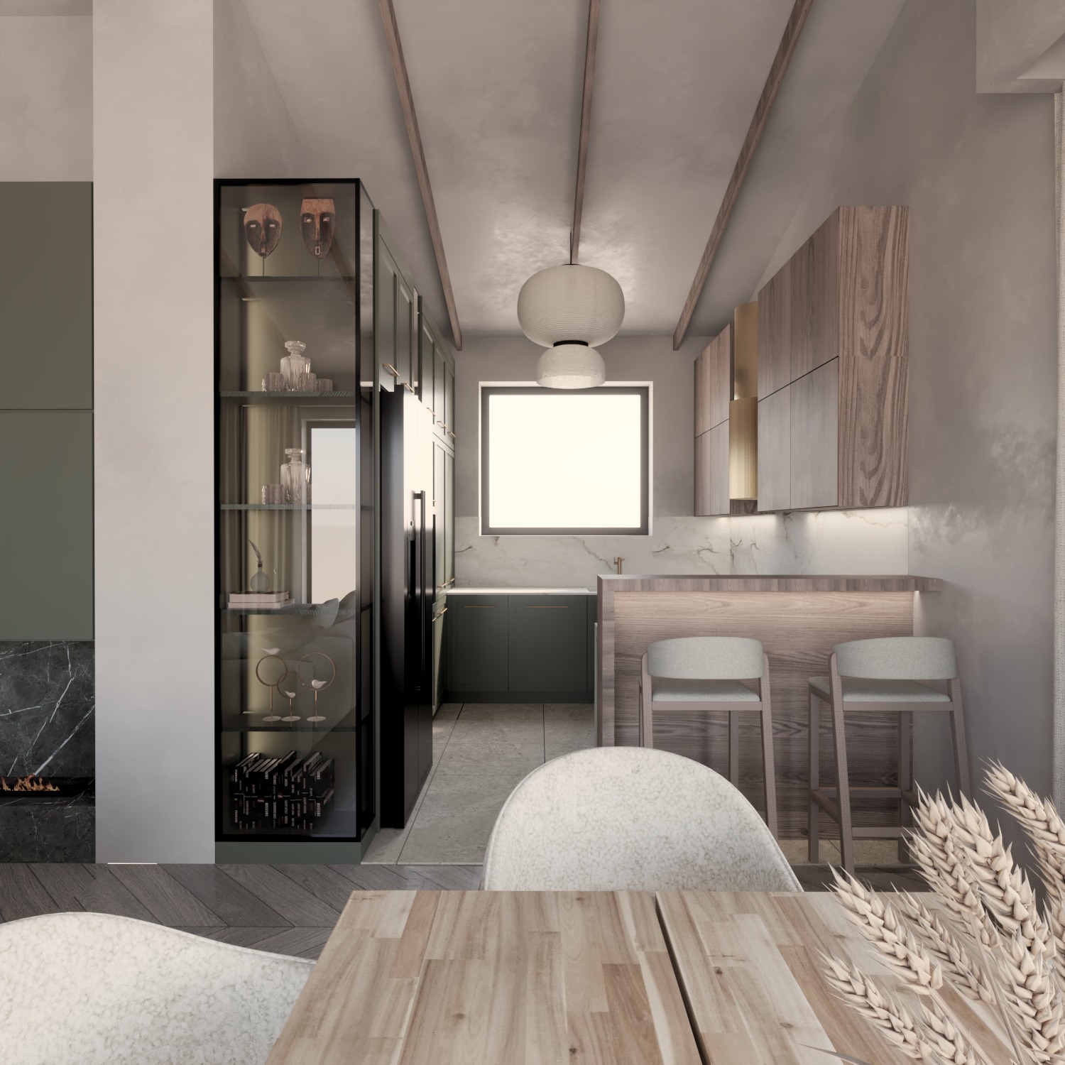 Wnętrze kuchni w stylu nowoczesnym z drewnianymi akcentami, wyspą i barkiem. Na pierwszym planie stół z krzesłami i dekoracyjną trawą. Uwagę przykuwa przeszklona witryna.