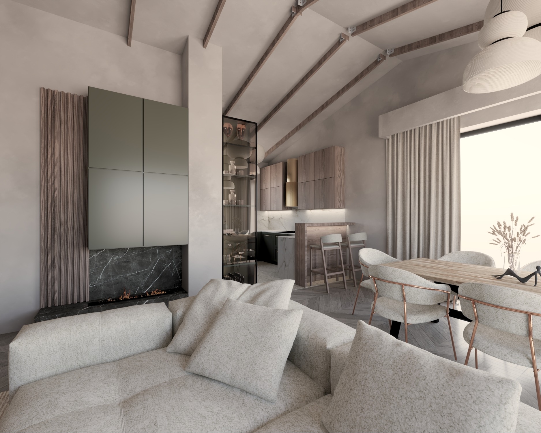 Wizualizacja wnętrza: salon z kominkiem, jadalnią i kuchnią w neutralnej kolorystyce. Widoczne drewniane belki stropowe i minimalistyczny wystrój.