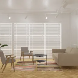 Jasne wnętrze pokoju dziennego z parkietem, beżową sofą, dwoma fotelami, okrągłym stolikiem na dwóch poziomach i kolorowym dywanem w paski, oświetlone reflektorami sufitowymi.