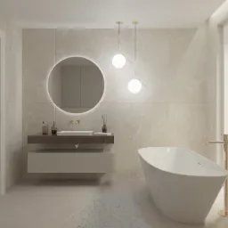 Minimalistyczna łazienka w beżowych odcieniach z okrągłym podświetlanym lustrem, wiszącą szafką z umywalką, wolnostojącą wanną i złotą armaturą oraz dekoracyjnymi lampami wiszącymi.