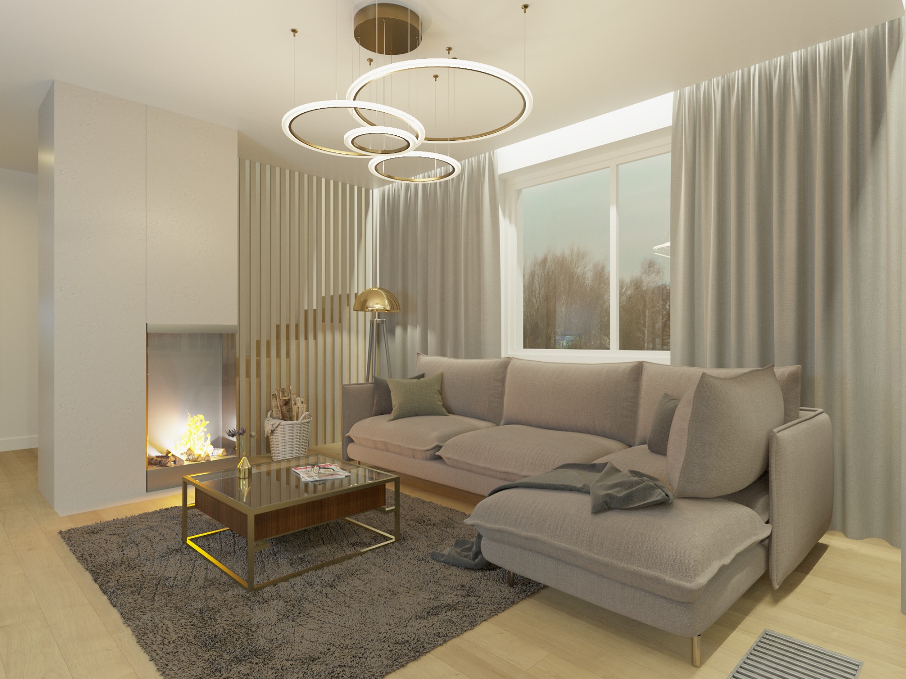 Salon w neutralnych barwach z kominkiem, szarą sofą i okrągłymi lampami wiszącymi, oświetlony płomieniami kominka, z widokiem na zewnątrz przez okno za zasłonami.